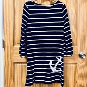 J Crew navy blue white striped nautical anchor zip hem long sleeve dress S small